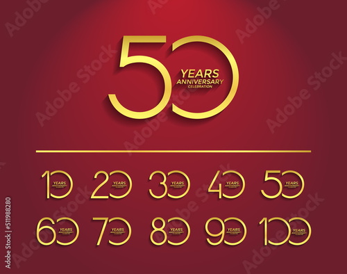 set anniversary logotype with golden color on red background for great event