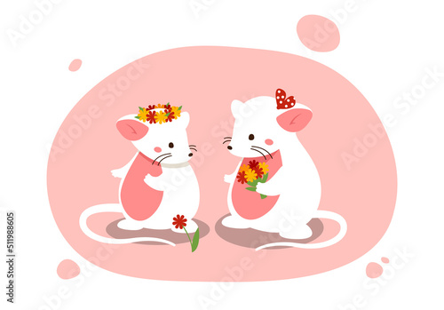 Mice with flowers. Couple of cute rats with flowers. Poster or banner for valentines day on website. Family on romantic date, husband and wife, white mammals. Cartoon flat vector illustration