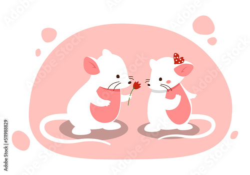 Mouse gives flower. Cute couple of mammals, romantic date and surprise for your beloved. Love and care, gifts. Stylish design for Valentines day greeting card. Cartoon flat vector illustration