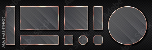 Realistic glass plates. Set of interior elements or protective glasses for devices. Collection of luxurious bronze and shiny mirrors. Isometric vector illustrations isolated on transparent background