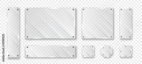 Realistic glass plates. Collection of mirrors of different geometric shapes for boutique or supermarket. Set of textures for website. Isometric vector illustrations isolated on transparent background