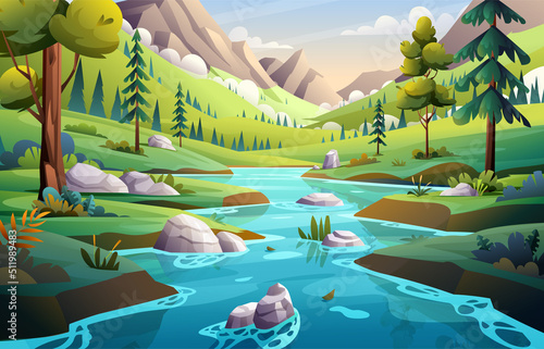 Blue river in mountain valley landscape background illustration