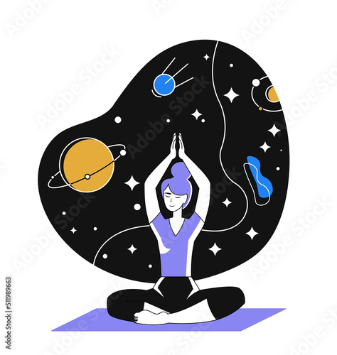 Concept of zen and harmony. Girl sits in lotus pose on one of space. Meditation and yoga, exercise for concentration and attention. Metaphor of calm and inner balance. Cartoon flat vector illustration