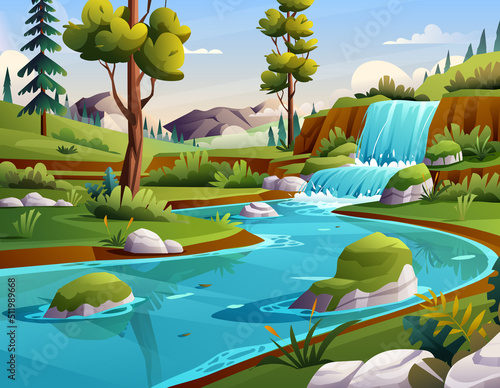 Blue river in forest with mountains landscape background illustration