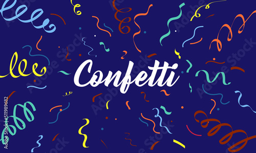 Blue confetti banner. Graphic elements for website, congratulations to winner of lottery. Special offer for customers, discount and promotion. Greeting card template. Cartoon flat vector illustration