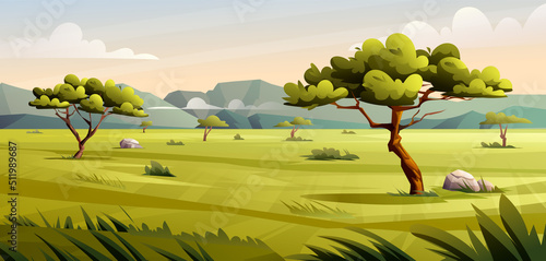 Savanna landscape illustration. Landscape of the African savanna in cartoon style photo