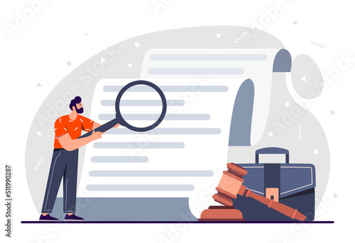 Man with document. Lawyer with magnifying glass checks contract of two parties, internet copyright protection and jurisprudence. Guy with gavel, judge makes decision. Cartoon flat vector illustration