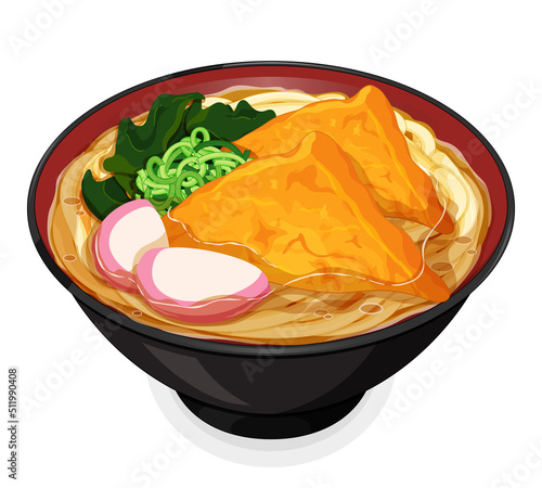 Traditional japanese udon noodle bowl with crispy fried tofu, meatballs, wakame seaweed and onion spring roll. Japanese kitsune udon noodles menu close up illustration vector.