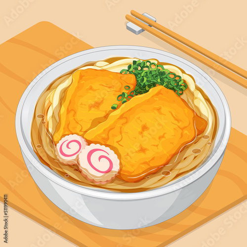 Traditional japanese udon noodle bowl with crispy fried tofu, meatballs, and onion spring roll. Japanese kitsune udon noodles on wood serving board menu close up illustration vector.