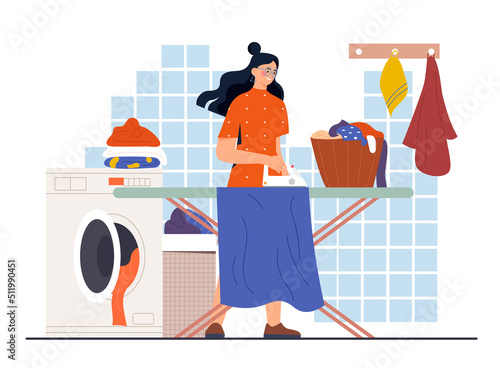 Girl ironing clothes. Woman with iron engaged in household chores and routine. Responsible housewife with things after washing. Bathroom with washing machine. Cartoon flat vector illustration