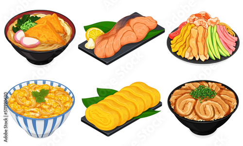 Japanese breakfast foods (Kitsune udon noodles, Grilled salmon, Hiyashi chuka ramen, Oyakodon, Tamagoyaki, Chashu don rice bowl) Asian breakfast foods menu isolated close up illustration vector.