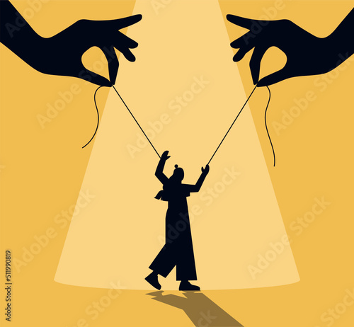 Concept of manipulation. Two hands control woman on rope, deceit and pretense. Metaphor for using person, subordinate. Abstract poster or banner for website. Cartoon flat vector illustration