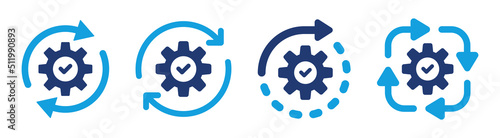 Development icon vector set. Gear symbol rotate with arrow and check mark sign for operation, production and capacity concept. photo