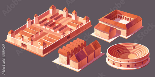 Rome buildings isometric vector icons set. Castra or castrum, antique military camp for legions, taberna or ancient shop or stall, old city landmark, architecture monuments isolated on background photo