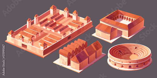 Rome buildings isometric vector icons set. Castra or castrum, antique military camp for legions, taberna or ancient shop or stall, old city landmark, architecture monuments isolated on background