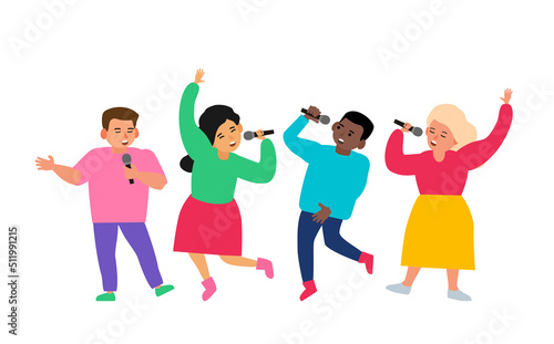 group of multiracial children  singing microphone karaoke kids party vector illustration