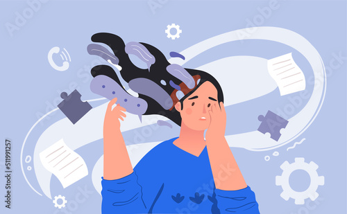 Stressed woman concept. Young girl with bad thoughts, sad and lonely character. Mental health, psychological problems and troubles. Depression and frustration. Cartoon flat vector illustration