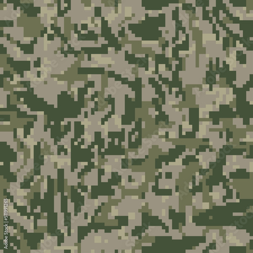 Digital camo background. Seamless camouflage pattern. Military texture. Khaki green forest color. Vector fabric textile print designs.