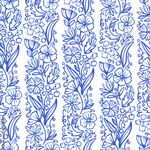 Ukraine style. Seamless floral ethnic pattern, based on Ukrainian folk embroidery in blue color. Hand drawn watercolor painting illustration isolated on white background.