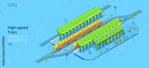 High-speed train banner with isometric railway station, express and empty platform. Vector landing page with modern fast passenger train on rail track and terminal building