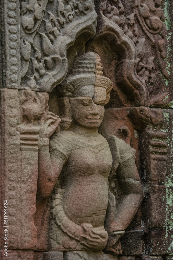 A sandstone sculpture of Apsara at Ta Som Temple in Siem Reap Angkor Wat, Cambodia.
