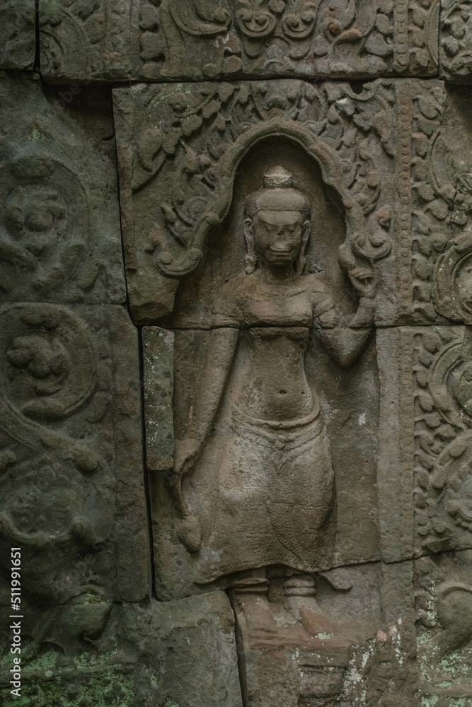 A sandstone sculpture of Apsara who looks like Garuda at Ta Som Temple in Siem Reap Angkor Wat, Cambodia.