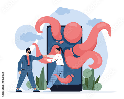 Digital addiction concept. Man helps girl get off her smartphone. Modern technologies and digital world, gadgets and devices. Help with bad habits and social media. Cartoon flat vector illustration