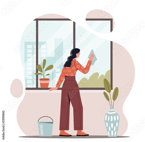 Housekeeping process concept. Girl with glasses wipes windows with rag. Routine daily affairs, comfort and coziness in apartment. Purity Day, house cleaning. Cartoon flat vector illustration