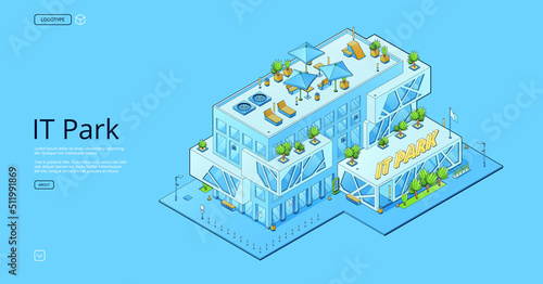 IT park banner with isometric modern business office building. Vector landing page of technopark, workplace for engineers and programmers teamwork for software and technologies development