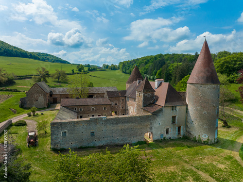 Aerial view of Chateau de Nobles near Brancion France with restored circular tow Fototapet