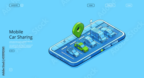 Mobile car sharing banner with isometric illustration of parking with vehicles on smartphone screen. Vector landing page of online service for rent and share automobile