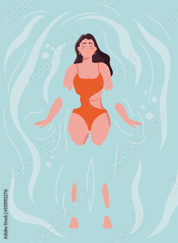 Woman in water. Young girl in red swimsuit resting in river, sea or pool. Tourist in summer season in exotic or tropical country, vacation, travel and adventure. Cartoon flat vector illustration