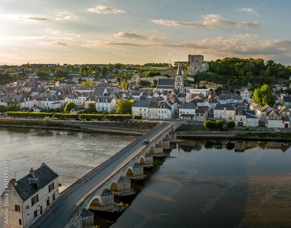 Aerial view of Chteau de Montrichard a ruined 11th-century castle at the heart of the commune of Montrichard in the Loir-et-Cher dpartement of France with romanesque style donjon keep, with a bridge o