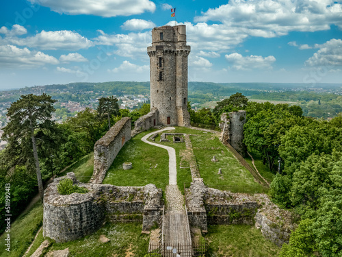 Фотография Aerial view of medieval ruined Montlhéry castle controlling the Paris - Orleans
