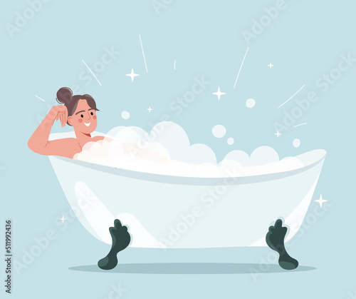 Woman in bathroom. Happy girl washing, routine, hygiene and household chores. Beauty treatments for skin health. Rest and relax after work, person wash body. Cartoon flat vector illustration