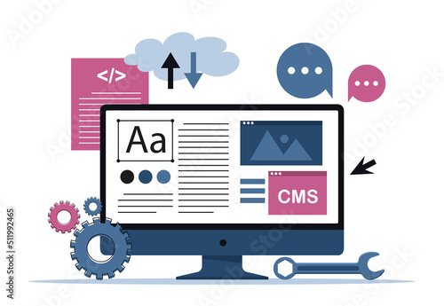 Content management system, CMS. Modern technologies and website promotion on Internet. Application for analyzing statistics and user behavior. Online marketing. Cartoon flat vector illustration
