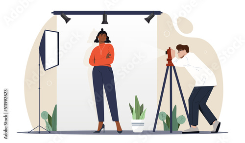 Woman on photosession. Photographer with camera takes pictures of model. Modern service, paparazzi. Preparation of promotional and advertising presentations. Cartoon flat vector illustration