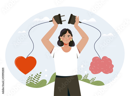 Balance between mind and heart. Psychology and awareness. Mental health, optimal use of logic and emotions. Girl connects socket, make decision. Emotion and wisdom. Cartoon flat vector illustration