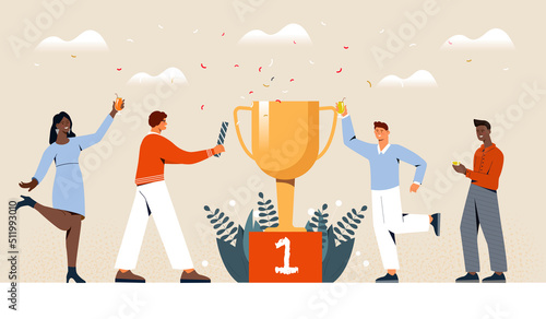 People celebrates success. Group of workers near golden cup. Men and girls with confetti. Goal achievement award, trophy or prize. Poster or banner for website. Cartoon flat vector illustration