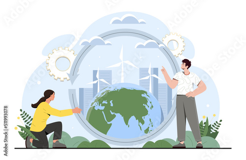 Circular cycle concept. Man and woman develop harmless way of production. Reducing waste, caring for nature and environment. Responsible society, innovation. Cartoon flat vector illustration