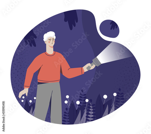 Man with flashlight. Metaphor of fears, phobia of darkness. Explorer in dark room or cave. Mental and mental disorder, paranoia and schizophrenia, scared guy. Cartoon flat vector illustration