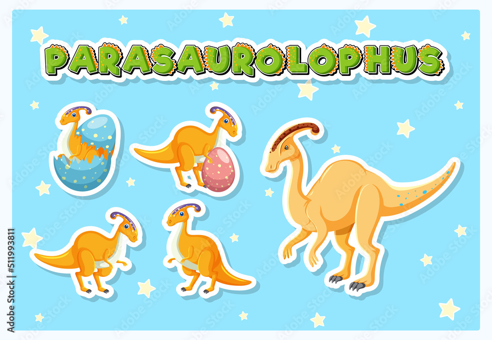 Fototapeta premium Set of cute parasaurolophus dinosaur cartoon characters