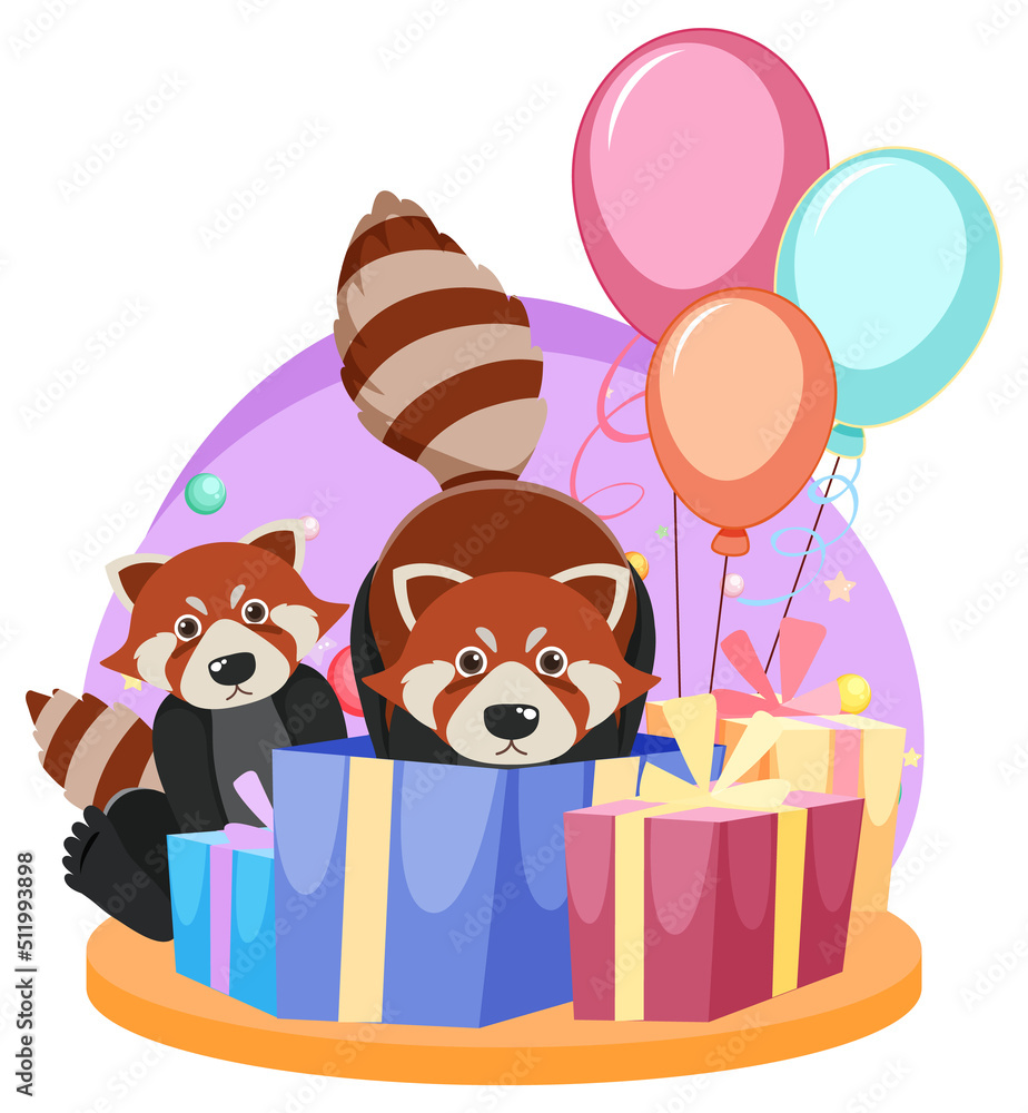 Fototapeta premium Two red pandas with gift boxes and balloons