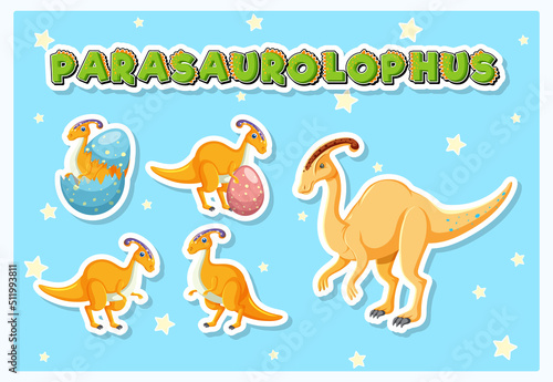 Set of cute parasaurolophus dinosaur cartoon characters