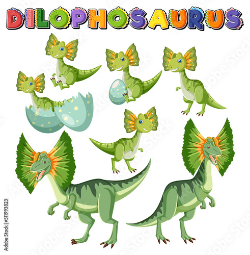 Dilophosaurus word logo with dinosaurs cartoon set