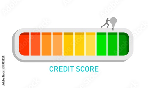 Man pushing credit score pointer of indicator with color levels. Measurement from poor to excellent rating for credit or mortgage loans concept flat style design illustration.