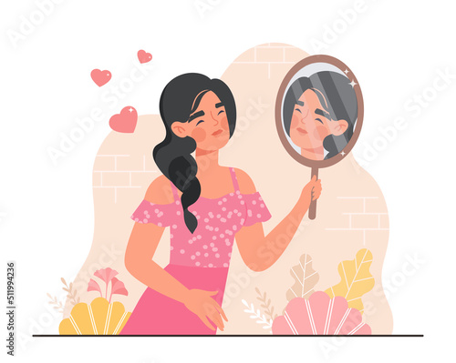 Woman in mirror. Girl looks at her reflection, evaluates her appearance. High self esteem, selflove and acceptance, ego. Positive psychology, optimism and happiness. Cartoon flat vector illustration