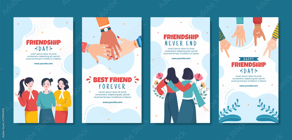 Happy Friendship Day Social Media Stories Template Flat Cartoon Background Vector Illustration