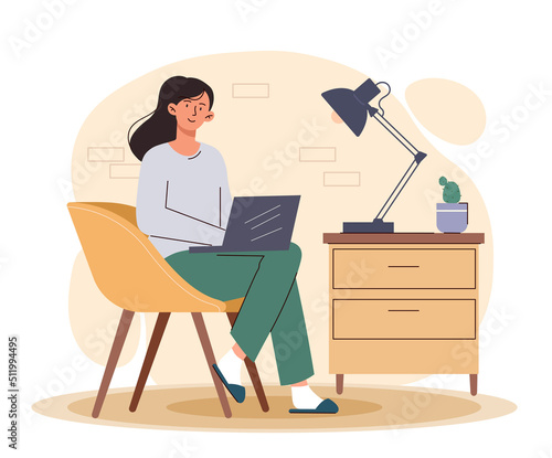 Freelancer with laptop. Remote employee, character working from home and making money online. Modern technologies and digital world. Comfortable and cozy workplace. Cartoon flat vector illustration
