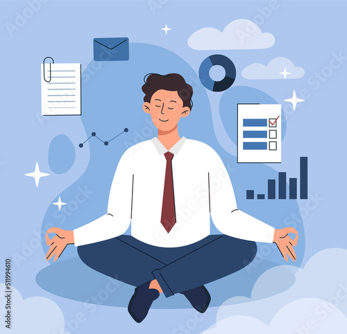 Businessman sitting in lotus pose. Meditation and concentration, entrepreneur analyzes graphs and charts looking for ways to solve problems. Planning budget. Cartoon flat vector illustration